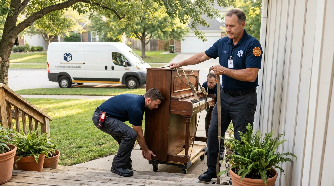 Licensed piano movers securing grand piano in Schererville, IN