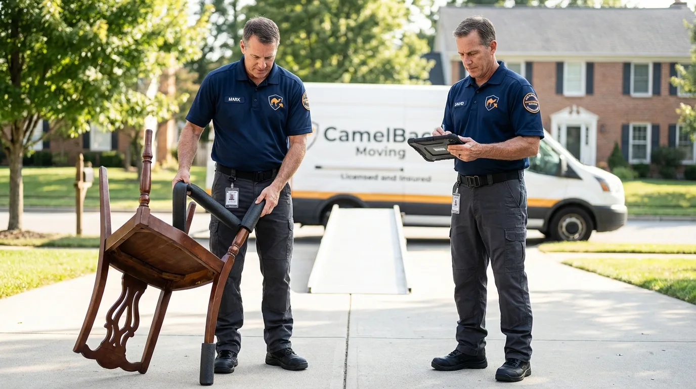 Movers inspecting furniture for damage prevention before loading in Schererville, IN