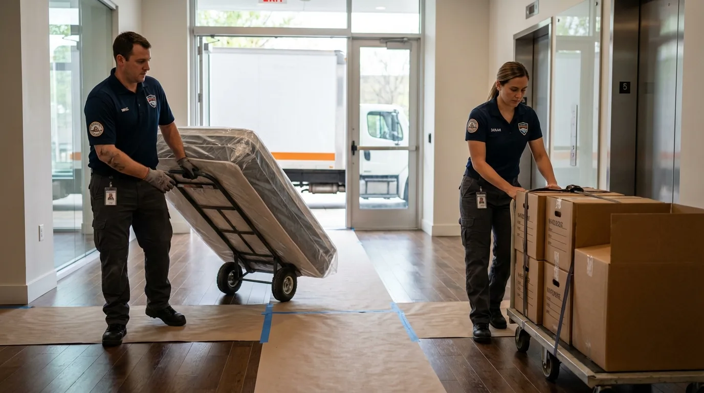Professional apartment movers loading elevator in Schererville, IN