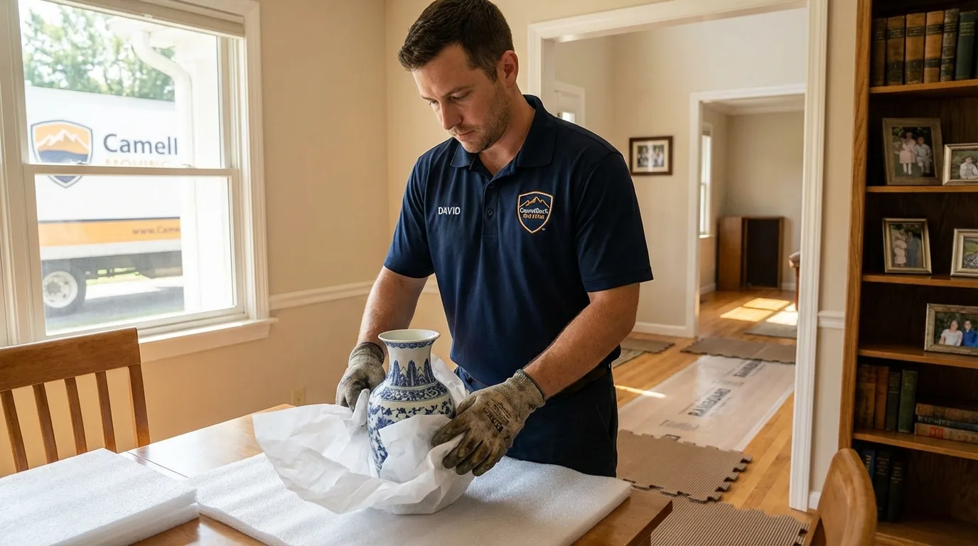 Professional crew carefully wrapping antique vase for senior downsizing move in Schererville, IN